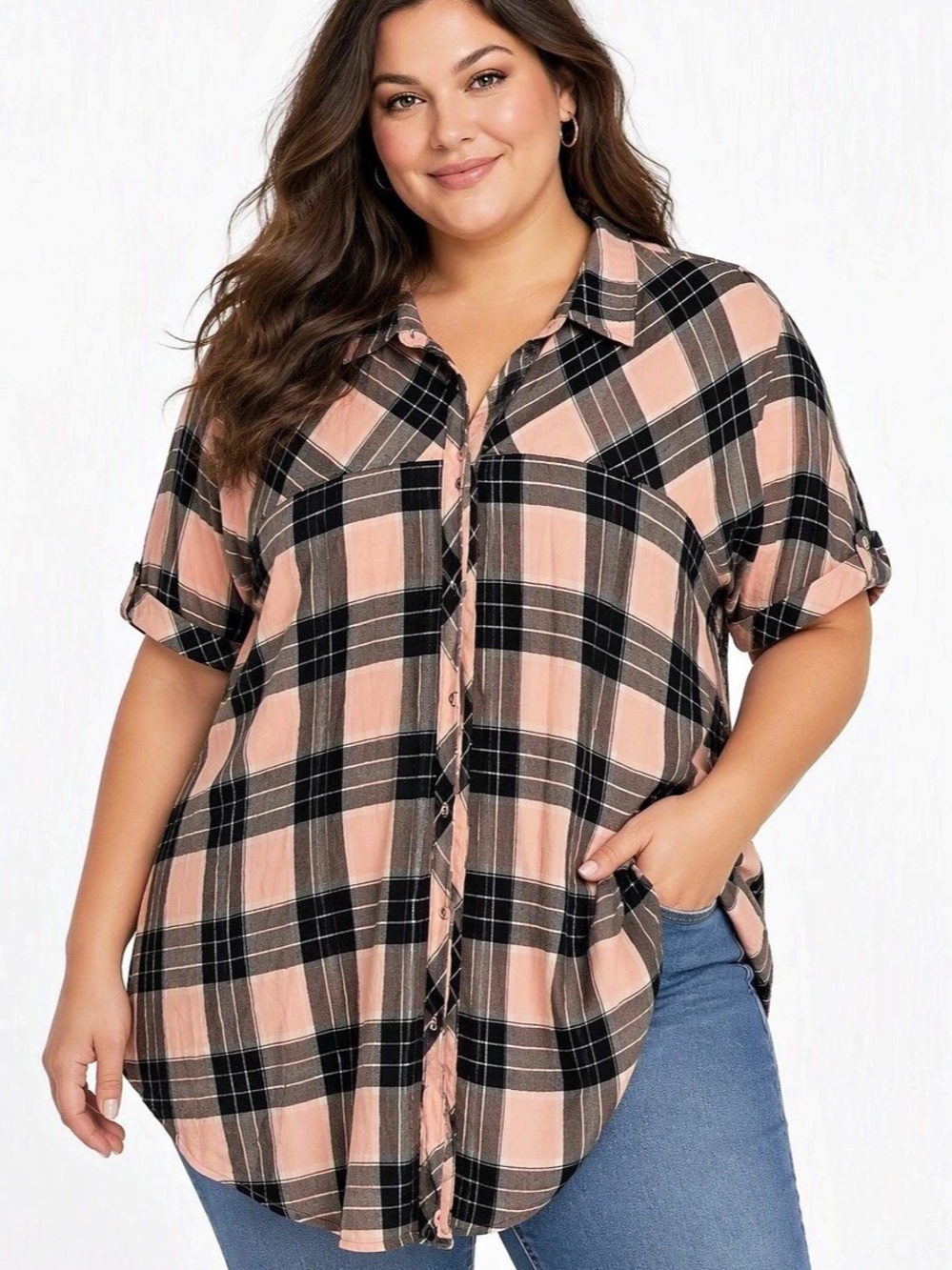 YOURS Plaid Button Down Shirt in Pink & Black